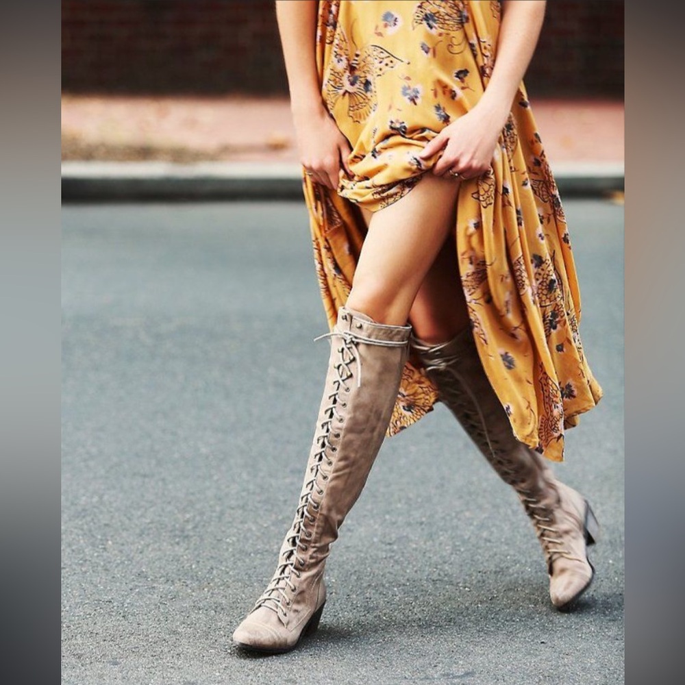 Jeffery Campbell x Free People Putty Python Snake Suede OTK Lace-Up Boots - Picture 2 of 11